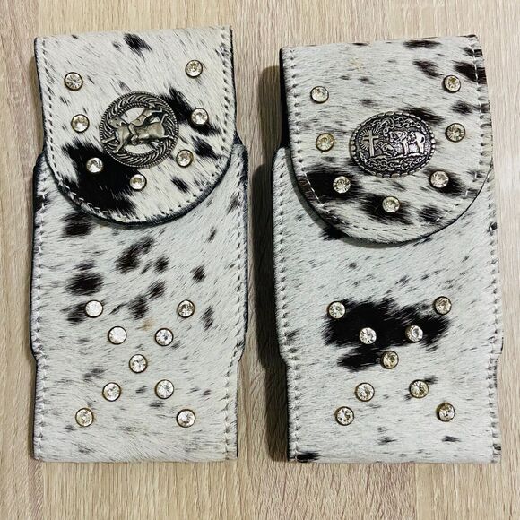 WESTERN LEATHER PHONE CASE, RODEO COWBOY FUNDA VAQUERA CON PIEDRAS - Picture 1 of 1